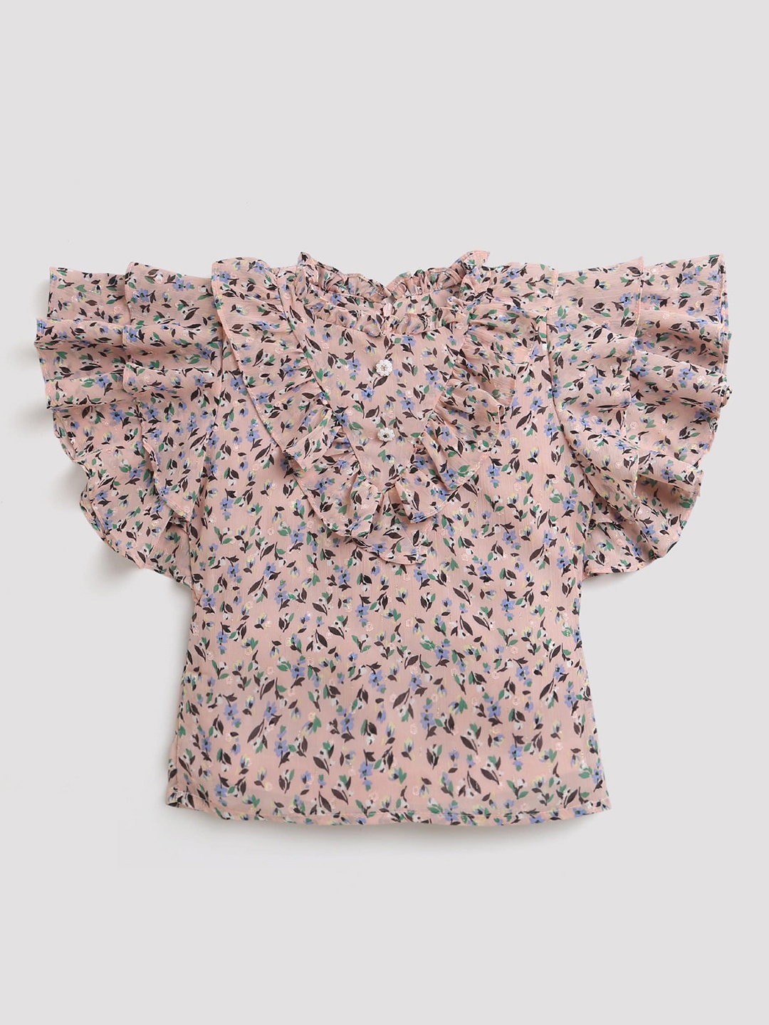 

Tiny Girl Floral Printed Mandarin Collar A-Line Top, Pink