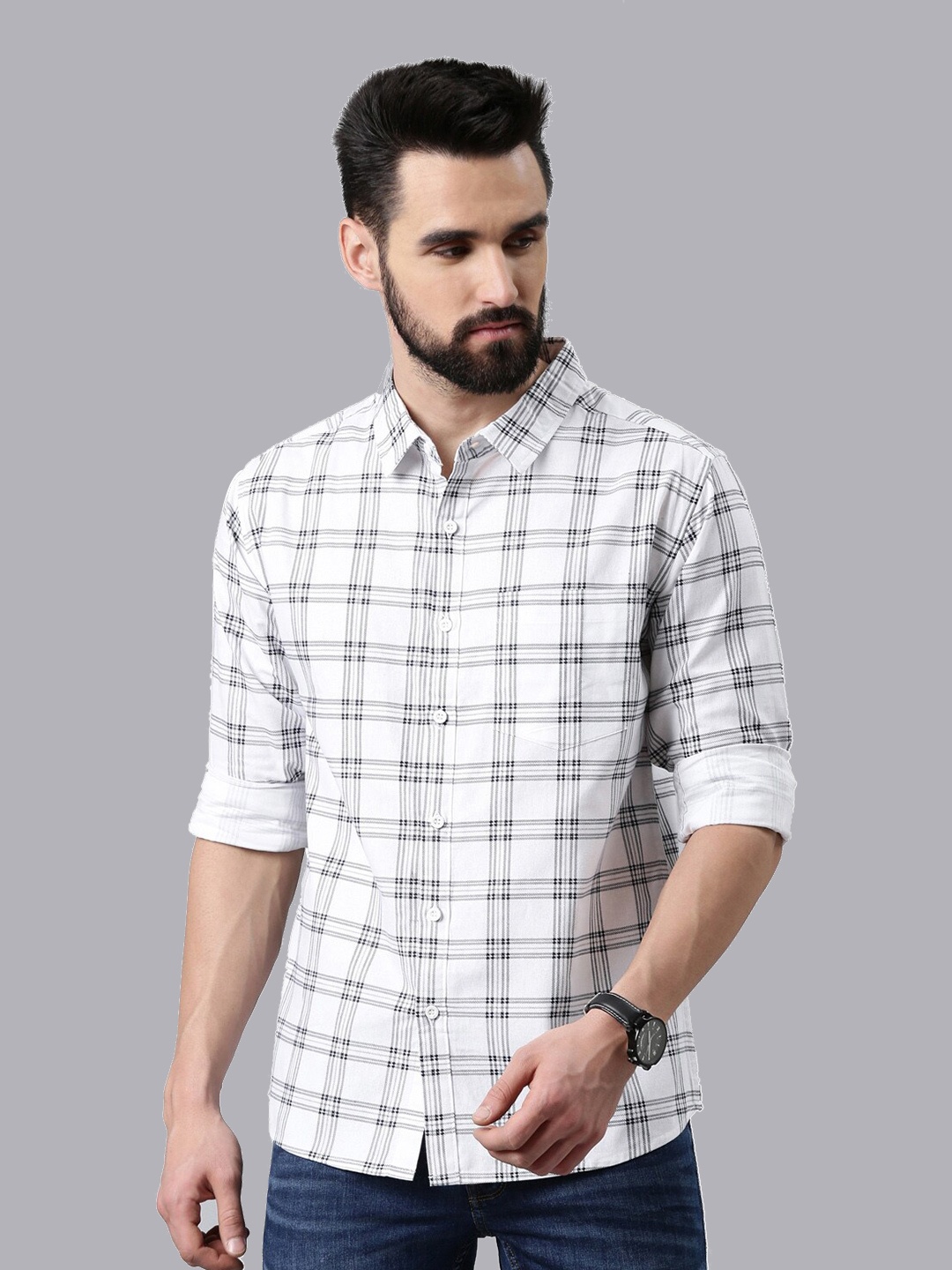 

Metronaut Slim Fit Checked Casual Cotton Shirt, White