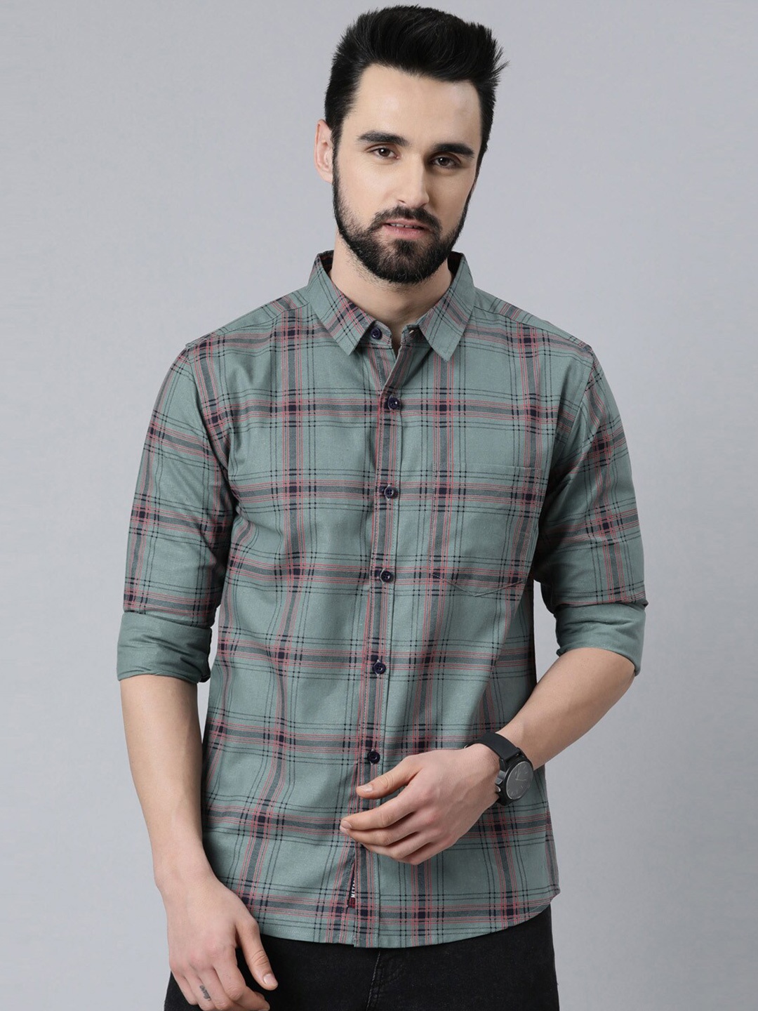 

Metronaut Tartan Checked Casual Slim Fit Shirt, Olive