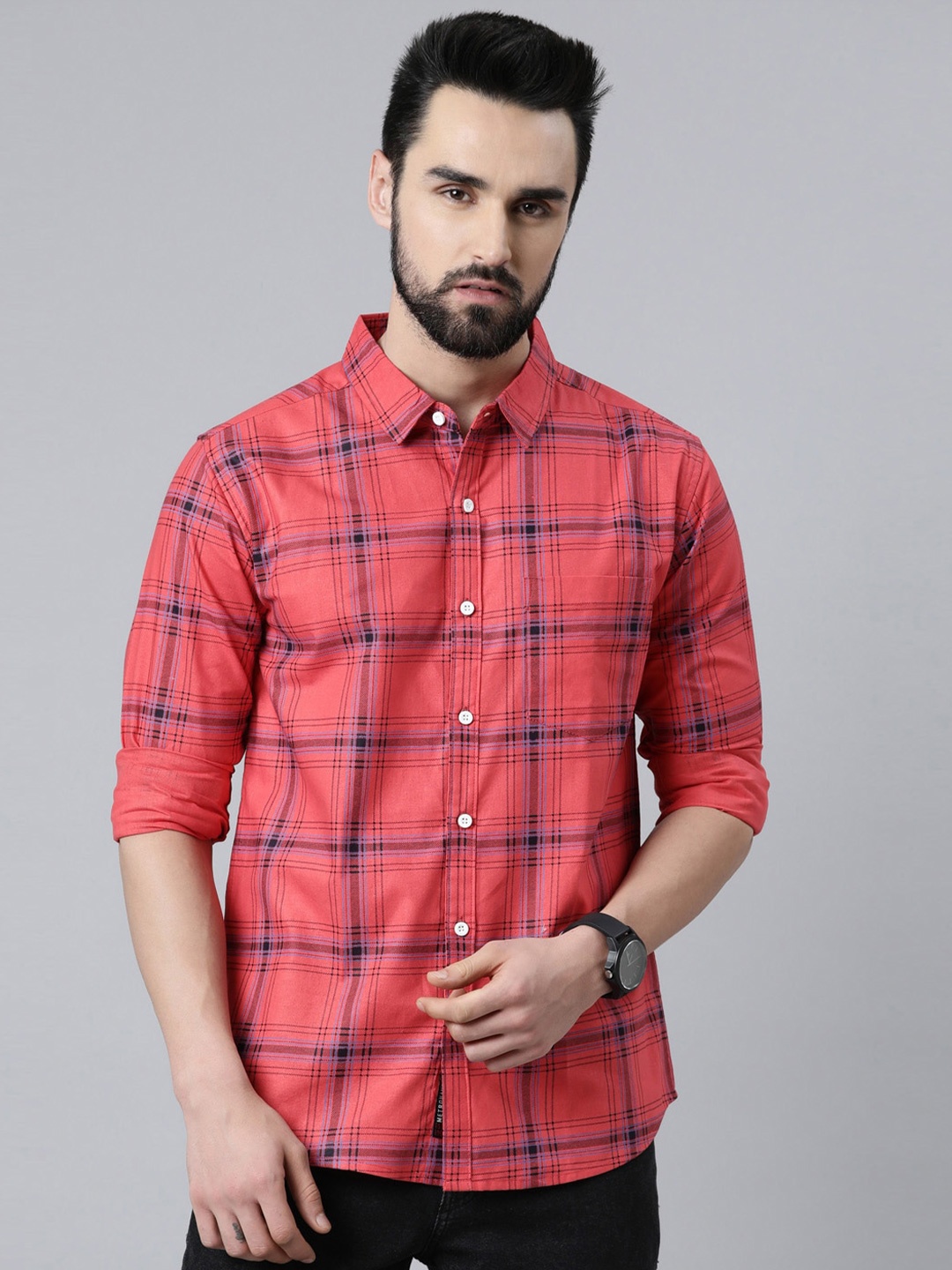 

Metronaut Tartan Checked Casual Slim Fit Shirt, Pink