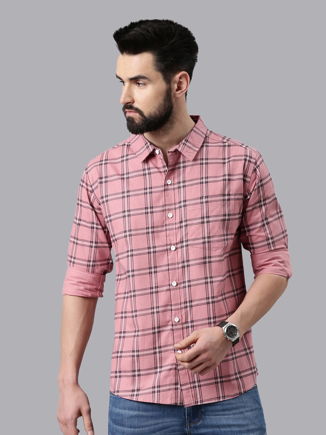 

Metronaut Slim Fit Tartan Checks Checked Cotton Casual Shirt, Peach