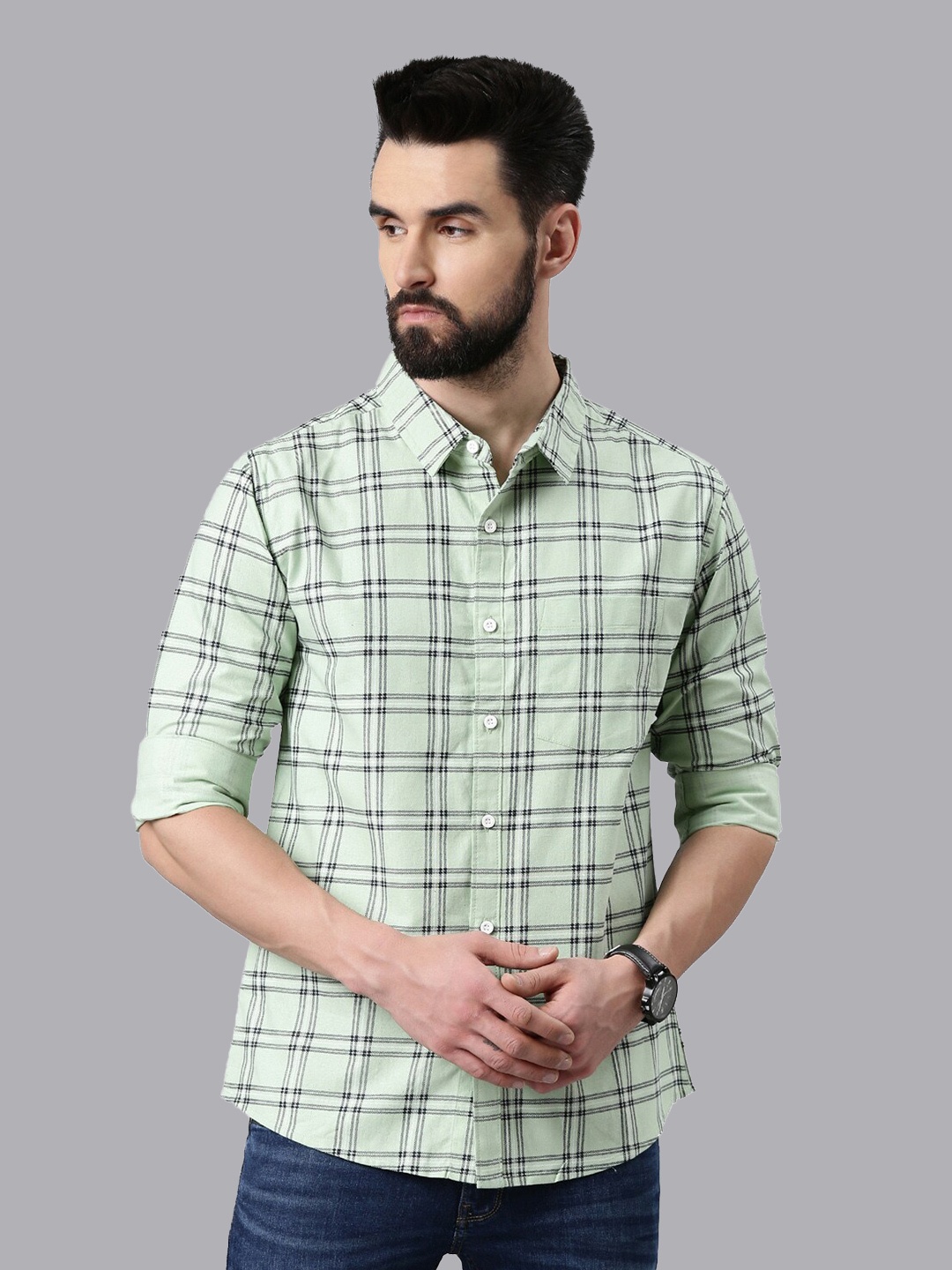 

Metronaut Slim Fit Tartan Checked Spread Collar Casual Pure Cotton Shirt, Lime green