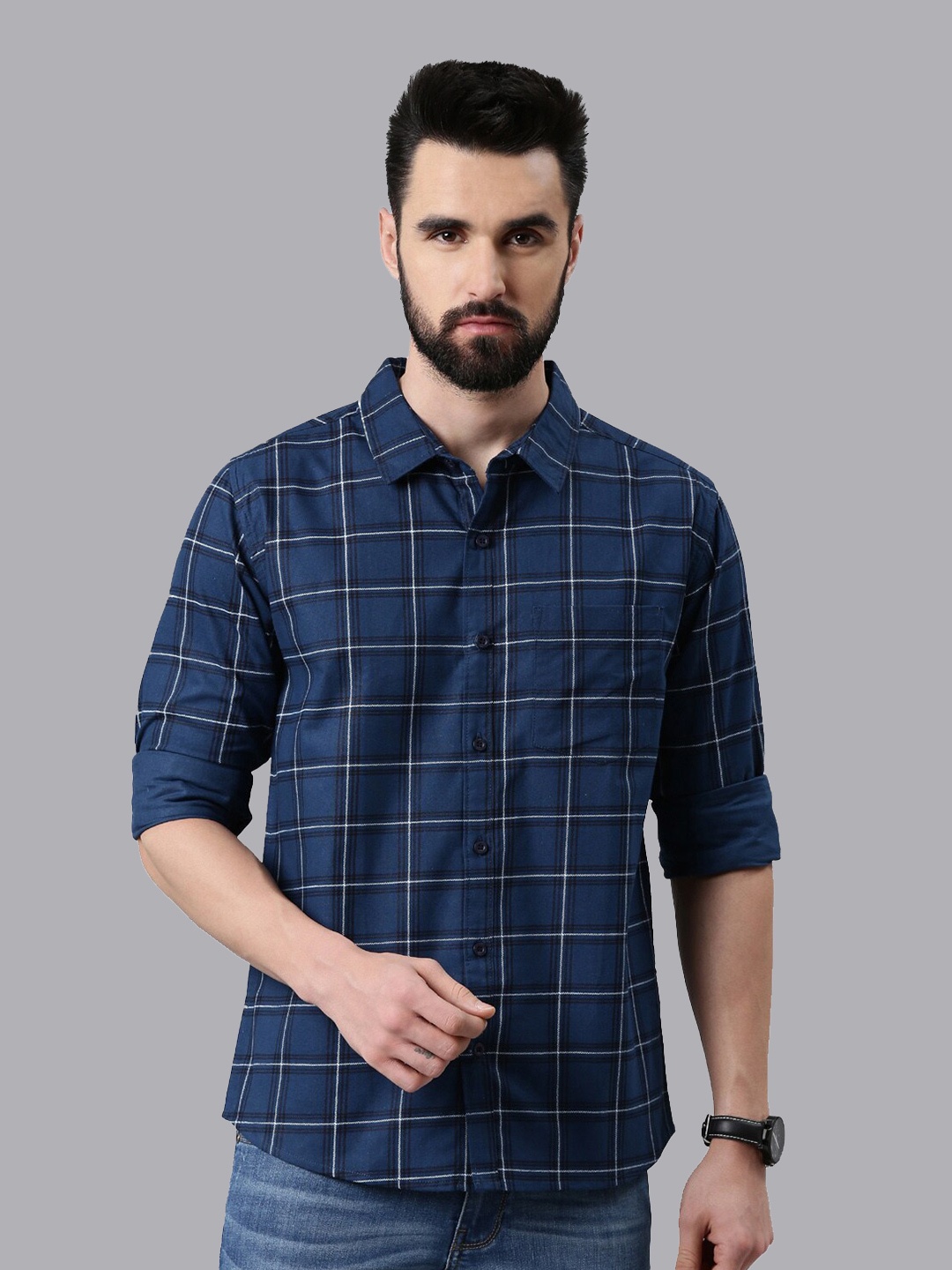 

Metronaut Slim Fit Grid Tattersall Checked Spread Collar Casual Pure Cotton Shirt, Navy blue