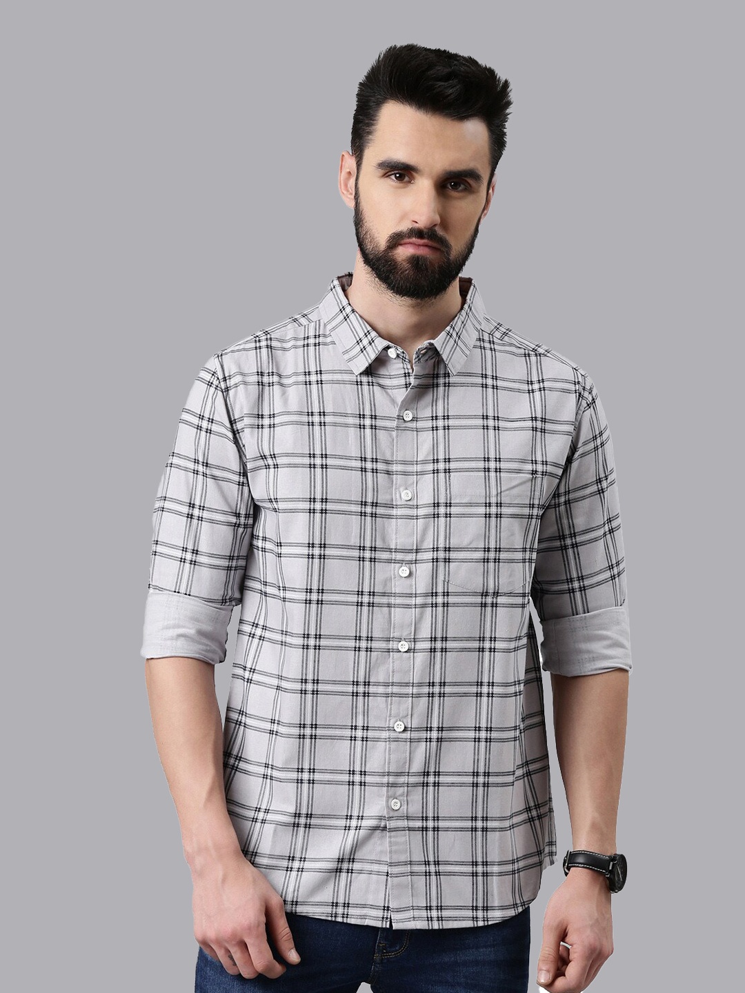 

Metronaut Smart Slim Fit Tartan Checked Spread Collar Casual Pure Cotton Shirt, Grey