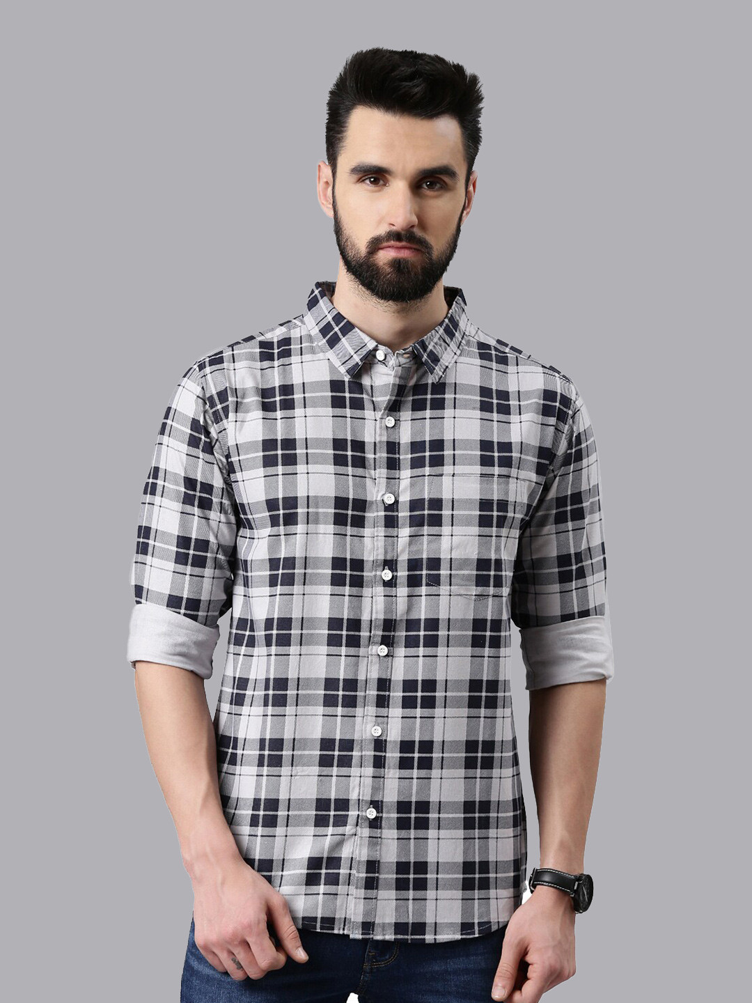 

Metronaut Smart Slim Fit Tartan Checked Spread Collar Casual Pure Cotton Shirt, White