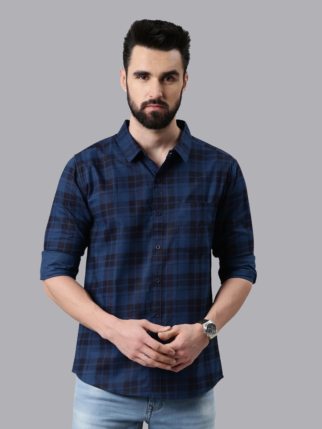 

Metronaut Smart Slim Fit Tartan Checked Spread Collar Casual Pure Cotton Shirt, Navy blue