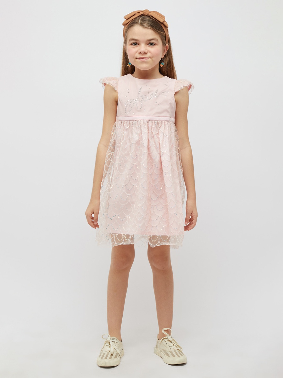 

One Friday Girls Embellished Sequined Fit & Flare Dress, Peach