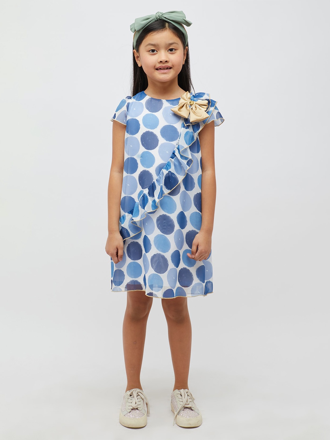 

One Friday Girls Polka Dot Printed Bow Detail A-Line Dress, Blue