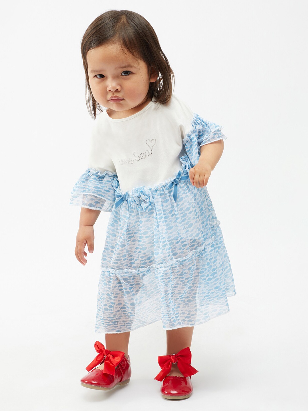 

One Friday Infant Girls Abstract Printed Bell Sleeves Tiered Pure Cotton A-Line Dress, White