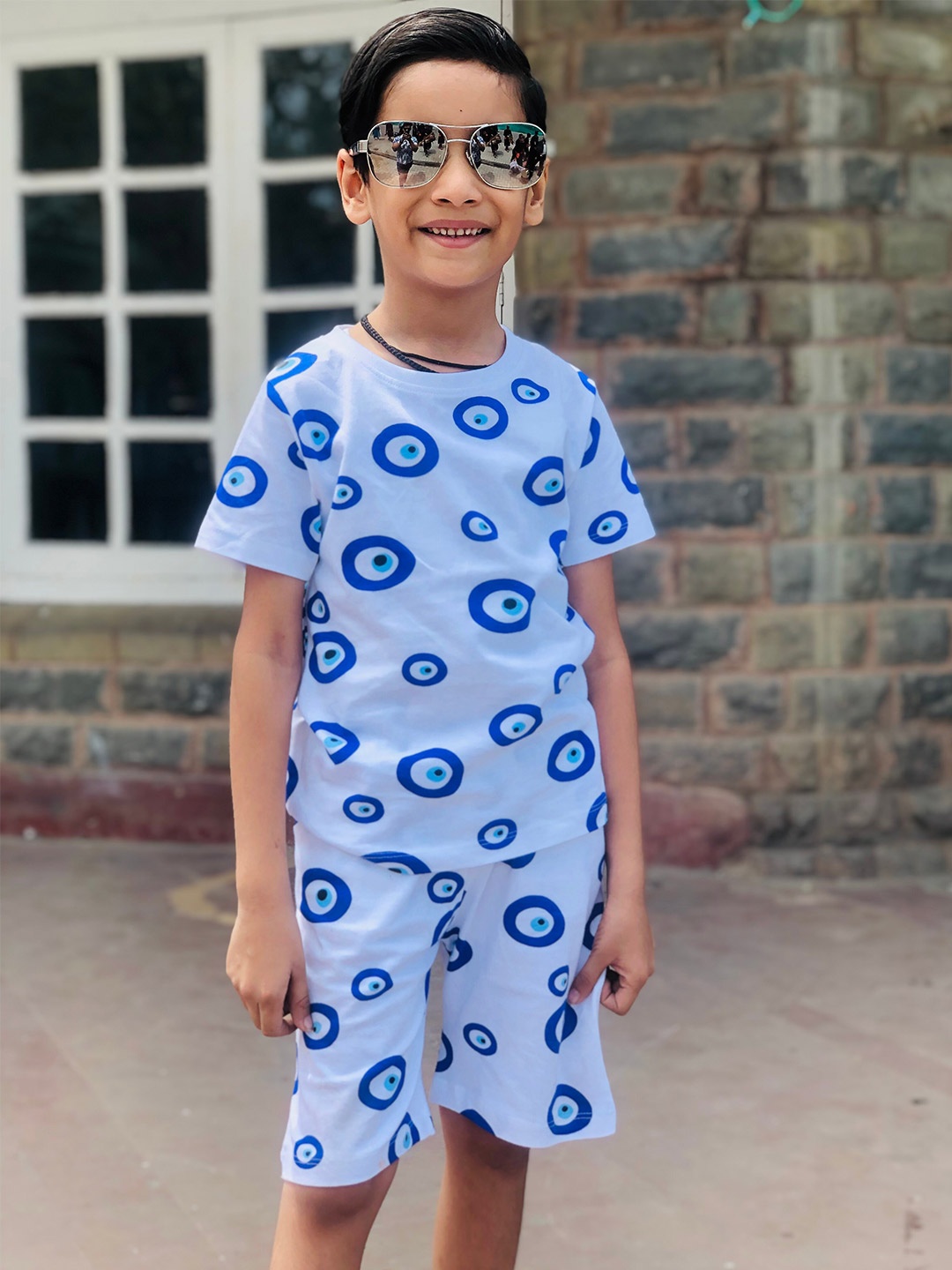 

Googo Gaaga Boys Printed Pure Cotton Top with Shorts, White