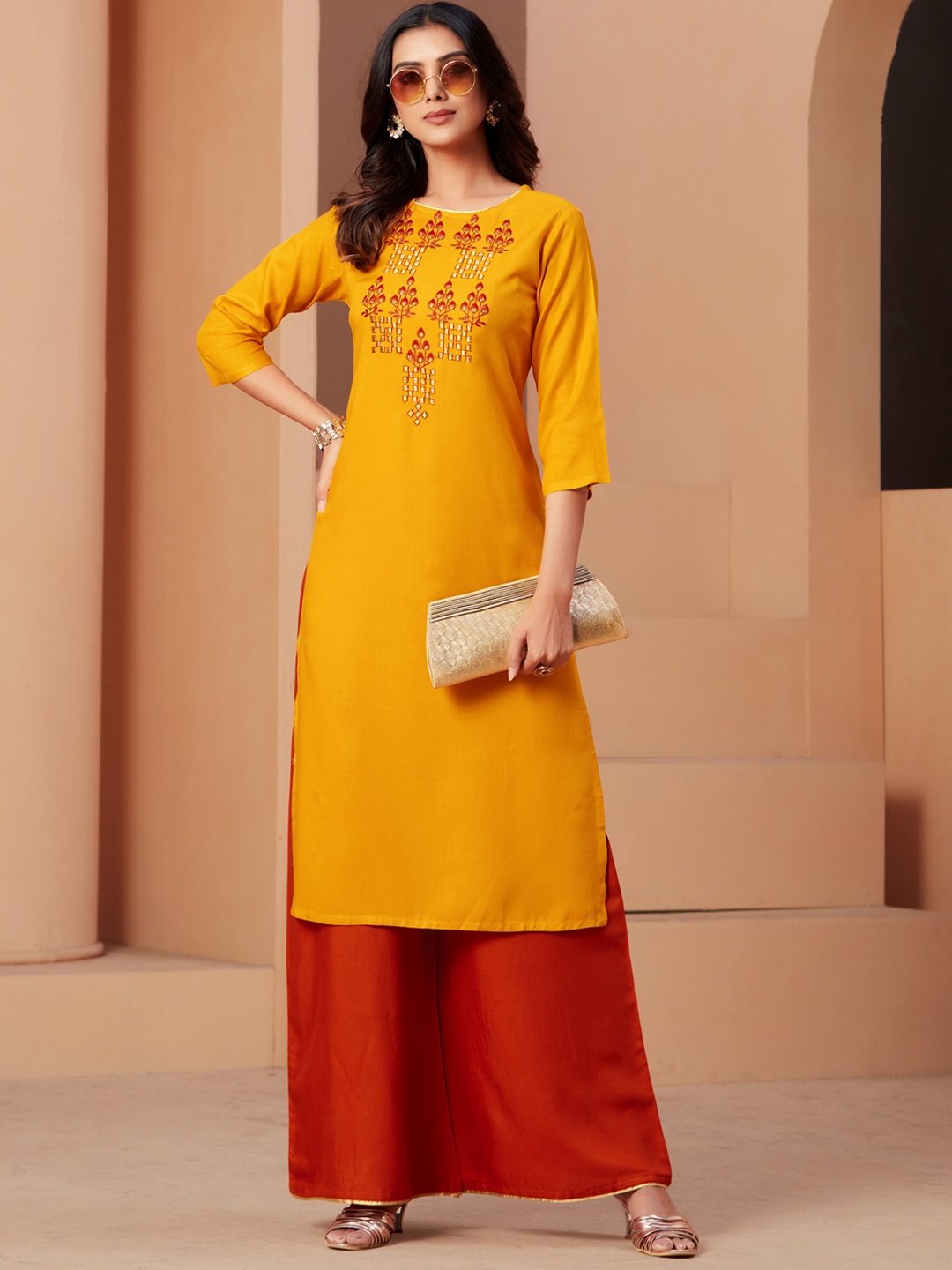 

Sangria Yellow & Red Ethnic Motifs Yoke Design Straight Kurta