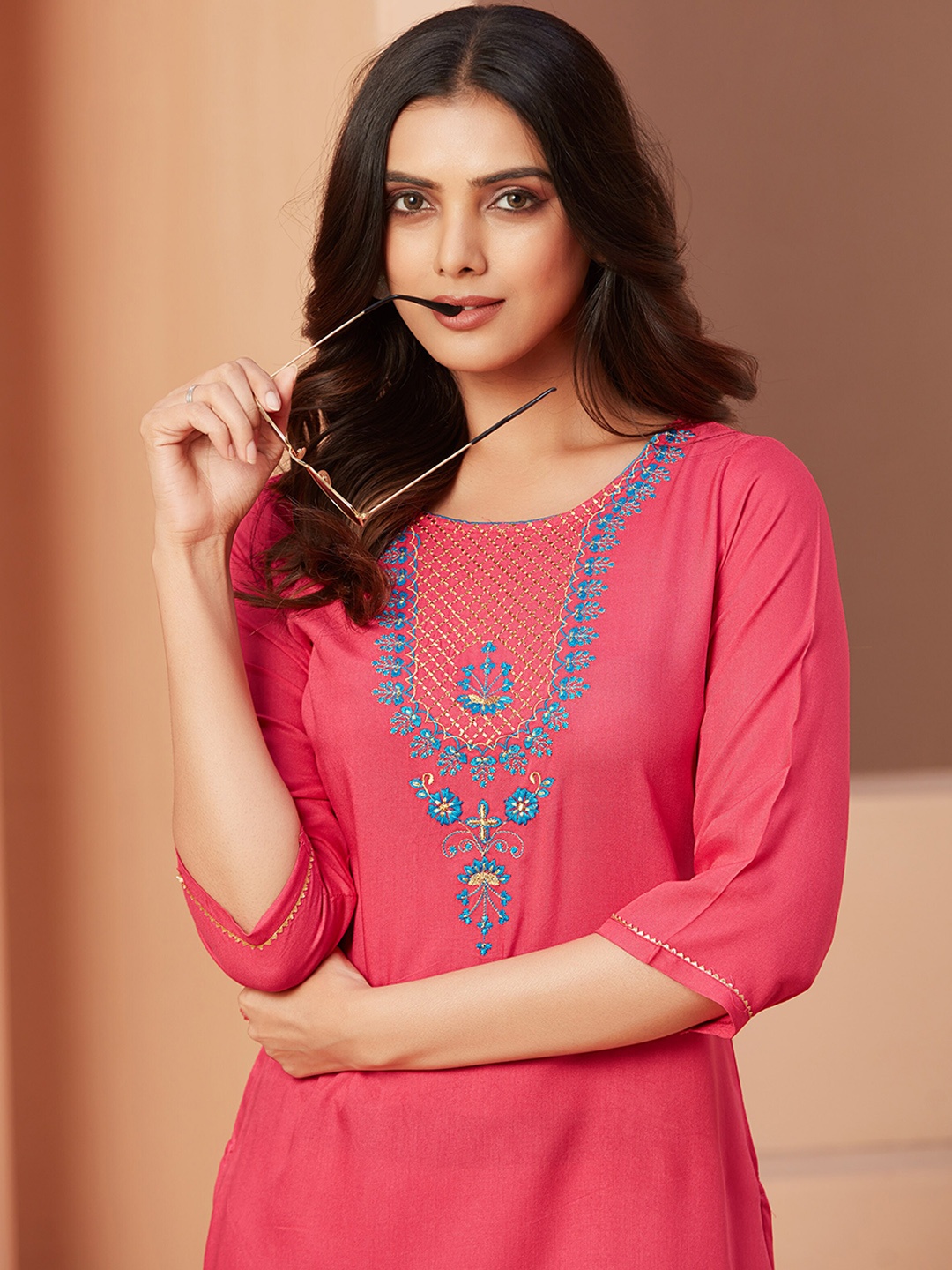 

Sangria Peach & Blue Ethnic Motifs Yoke Design Thread Work Kurta