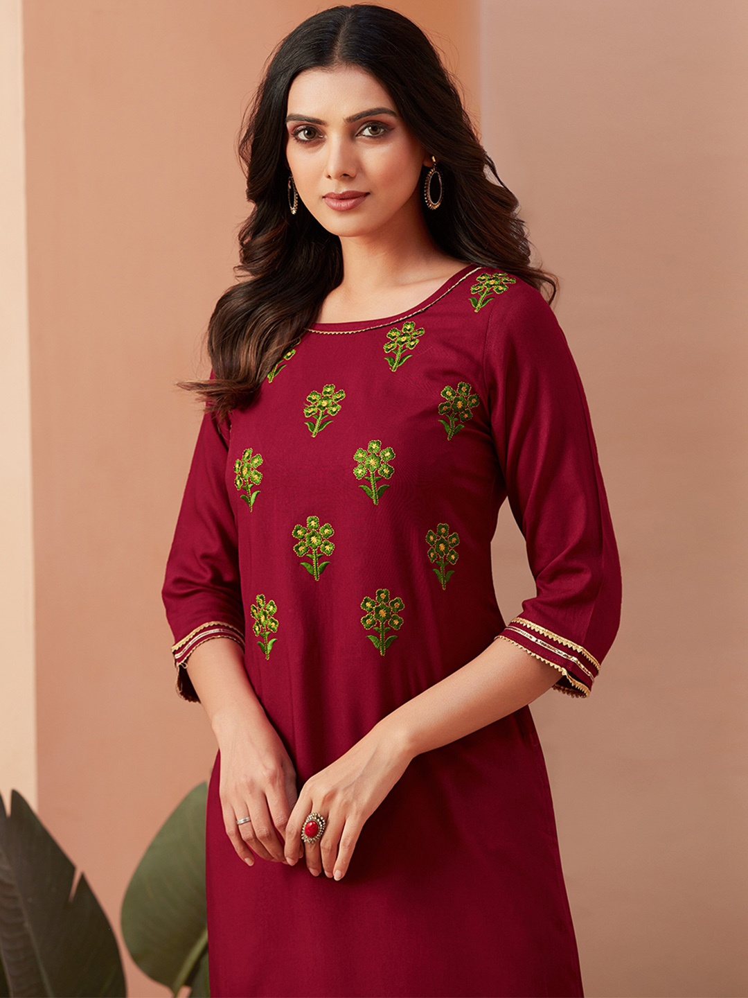 

Sangria Maroon & Green Floral Embroidered Kurta
