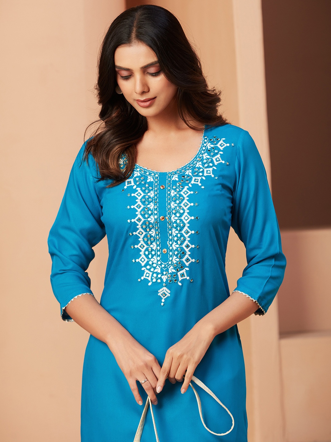

Sangria Blue & White Geometric Yoke Design Mirror Work Kurta