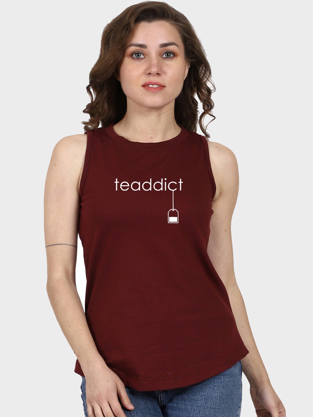 T-SHIRT TRUCK Typography Printed Sleeveless Cotton T-shirt, Maroon