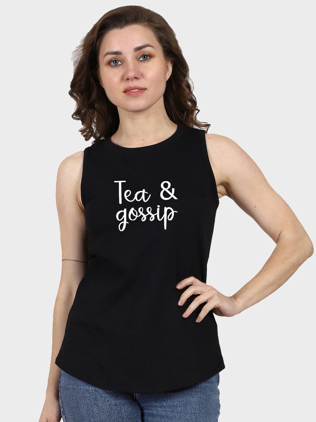 

T-SHIRT TRUCK Typography Sleeveless Cotton Longline T-shirt, Black