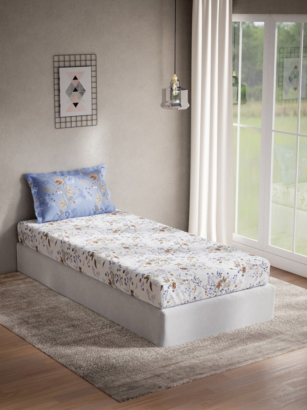 

DDecor White & Blue Floral 144 TC Cotton Single Bedsheet with 1 Pillow Cover