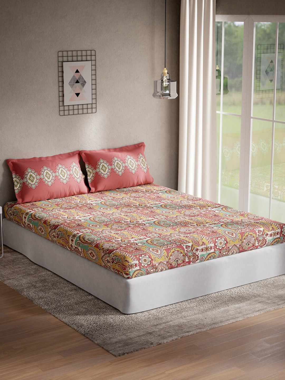 

DDecor Red & Yellow Ethnic Motifs 144 TC Cotton Queen Bedsheet with 2 Pillow Covers