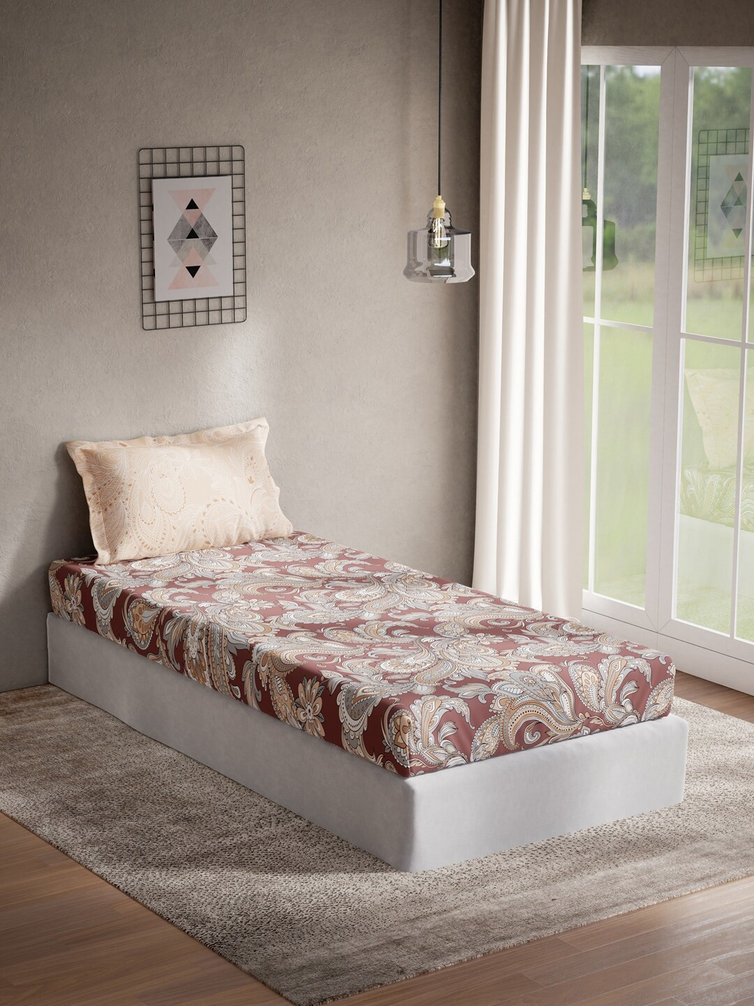 

DDecor Rust Red & Peach Ethnic Motifs 144 TC Cotton Single Bedsheet with 1 Pillow Cover