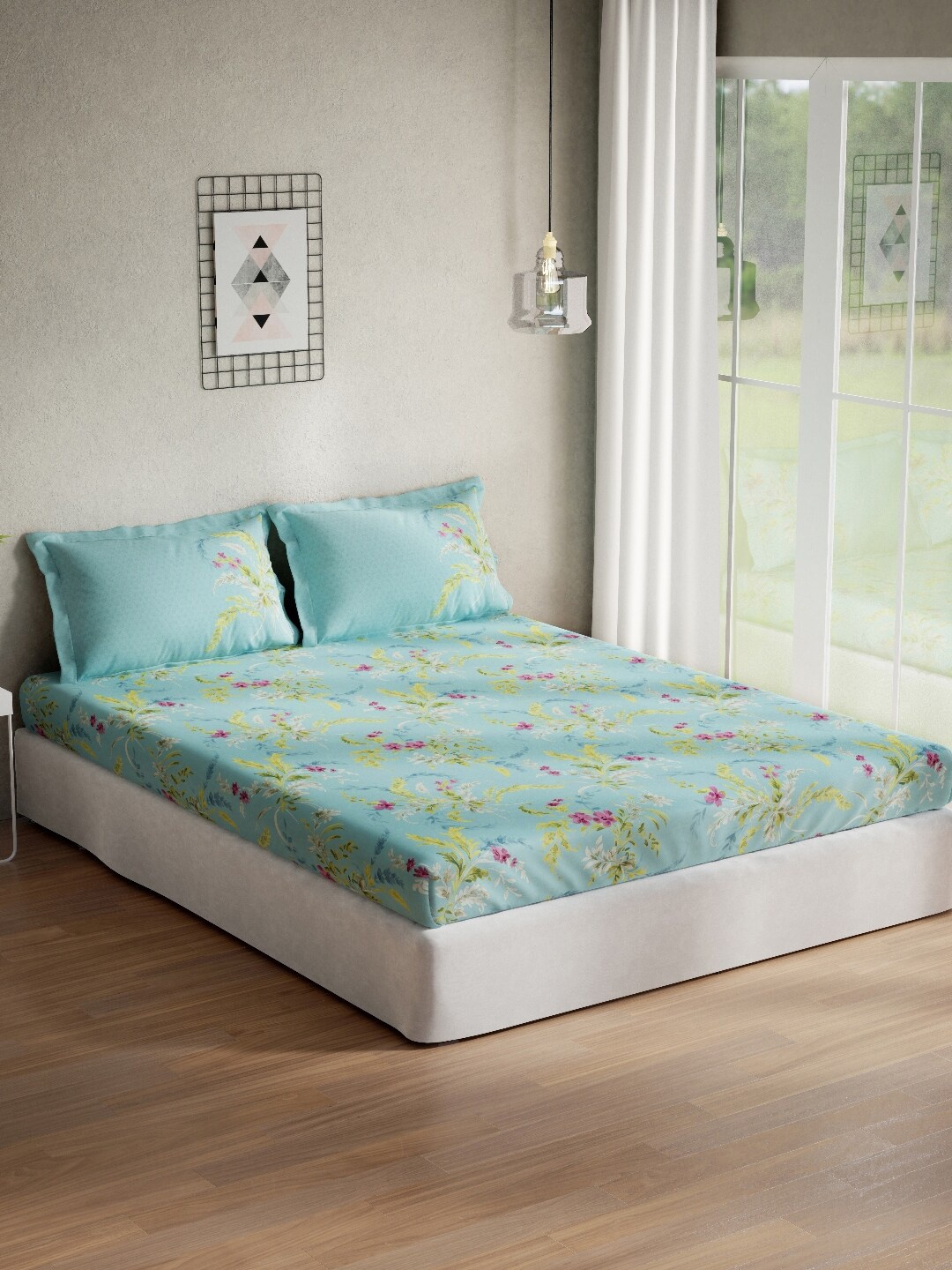 

DDecor Blue & Yellow Floral 140 TC Cotton Queen Bedsheet With 2 Pillow Covers