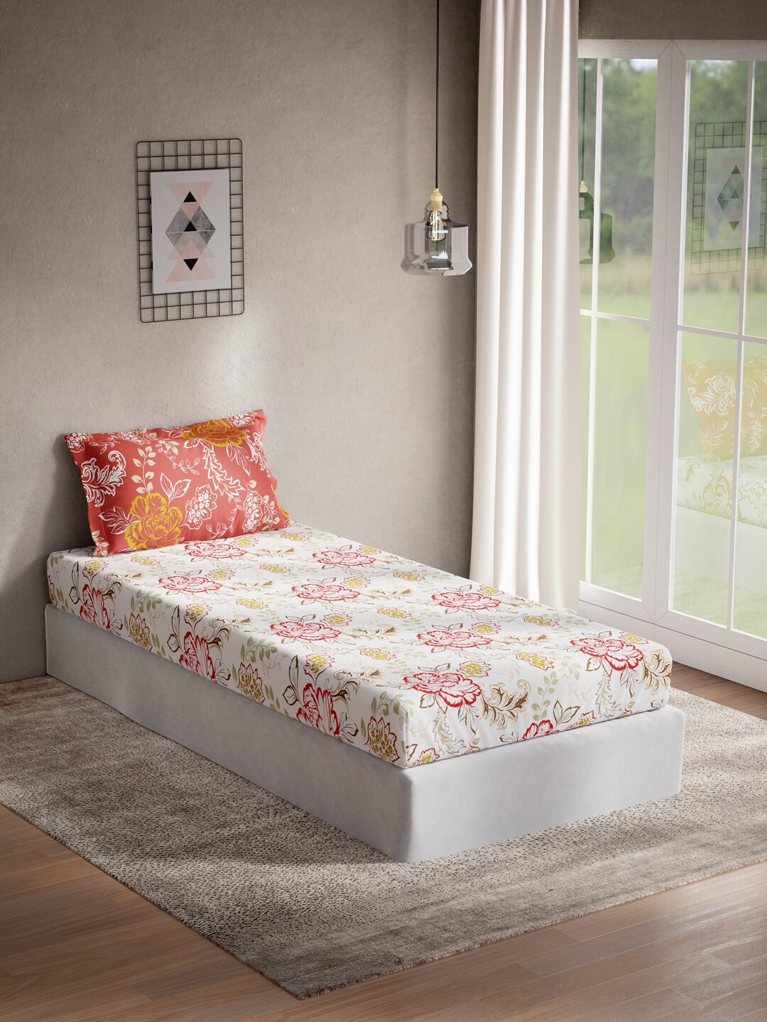 

DDecor White & Red Floral 144 TC Cotton Single Bedsheet with 1 Pillow Cover