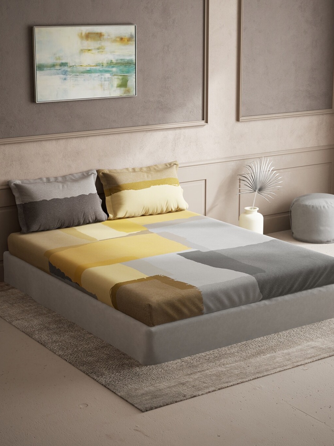 

DDecor Grey & Yellow Abstract 140 TC Cotton Queen Bedsheet With 2 Pillow Covers