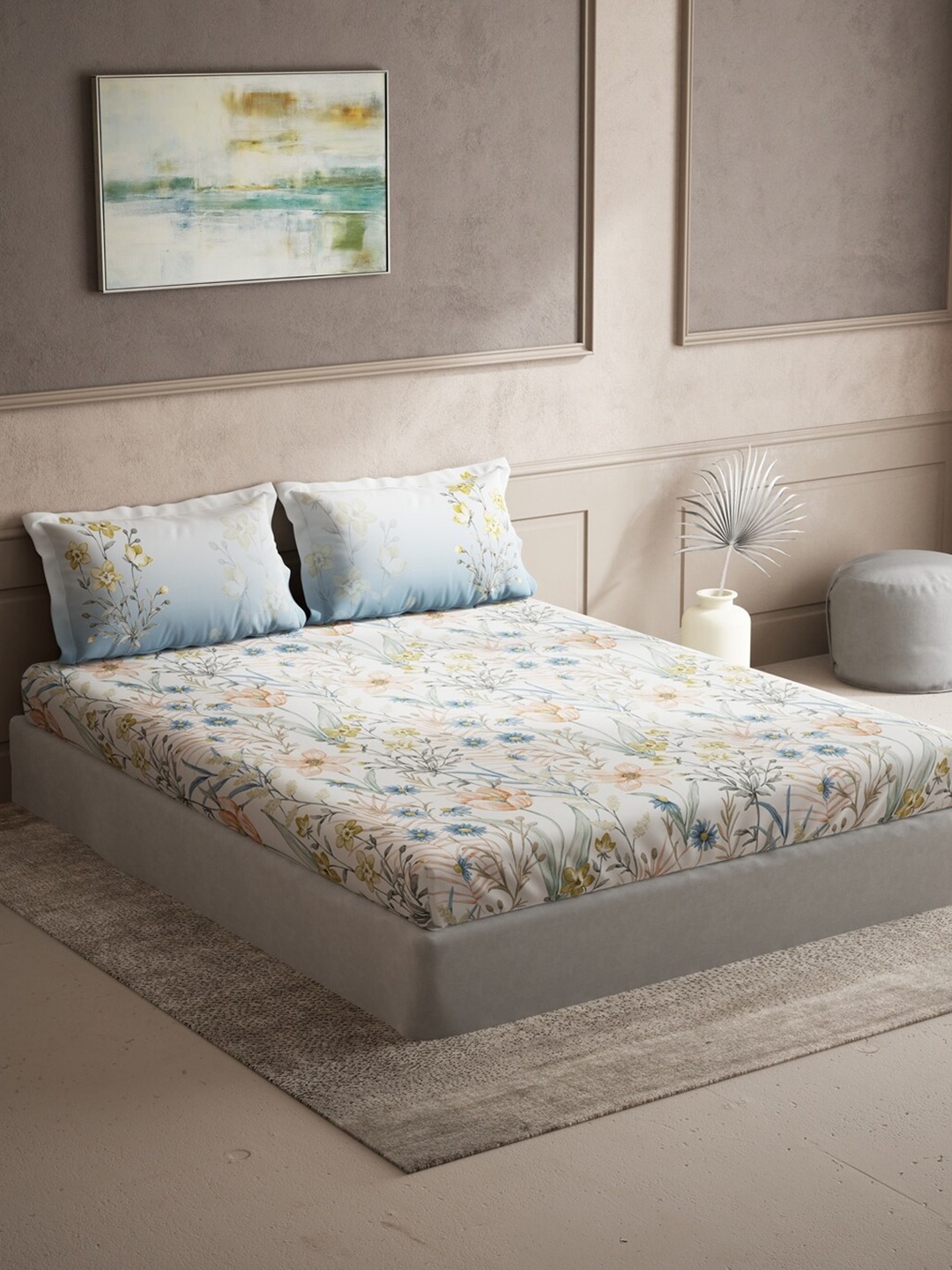 

DDecor Blue & Green Floral 140 TC Cotton Queen Bedsheet With 2 Pillow Covers