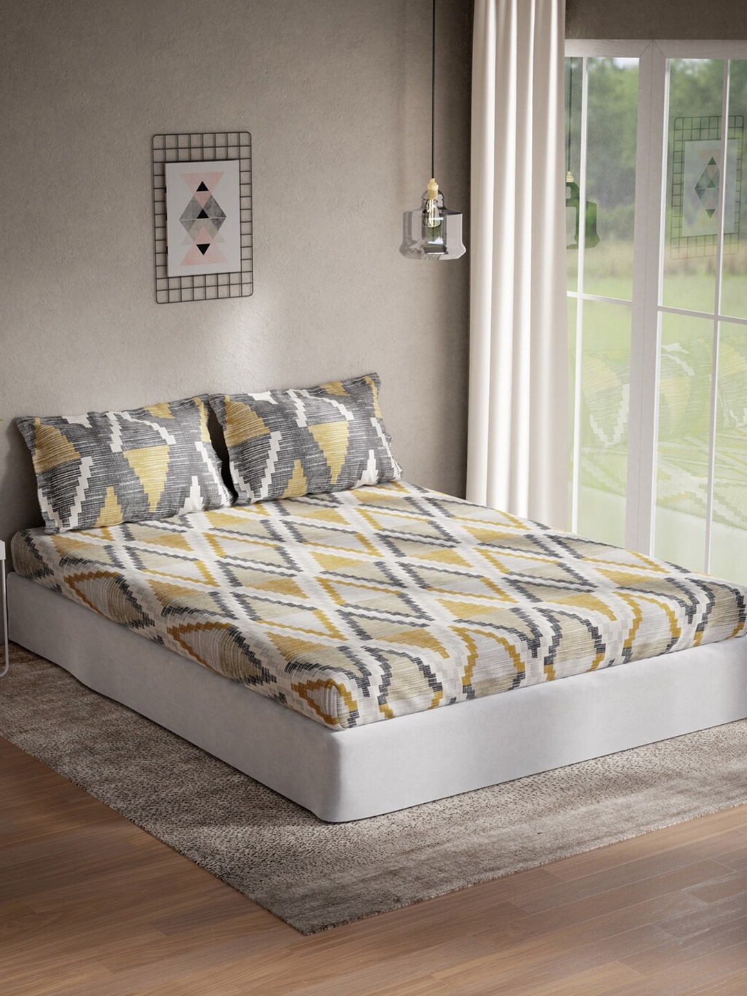 

DDecor Yellow & Grey Geometric 144 TC Cotton Queen Bedsheet with 2 Pillow Covers