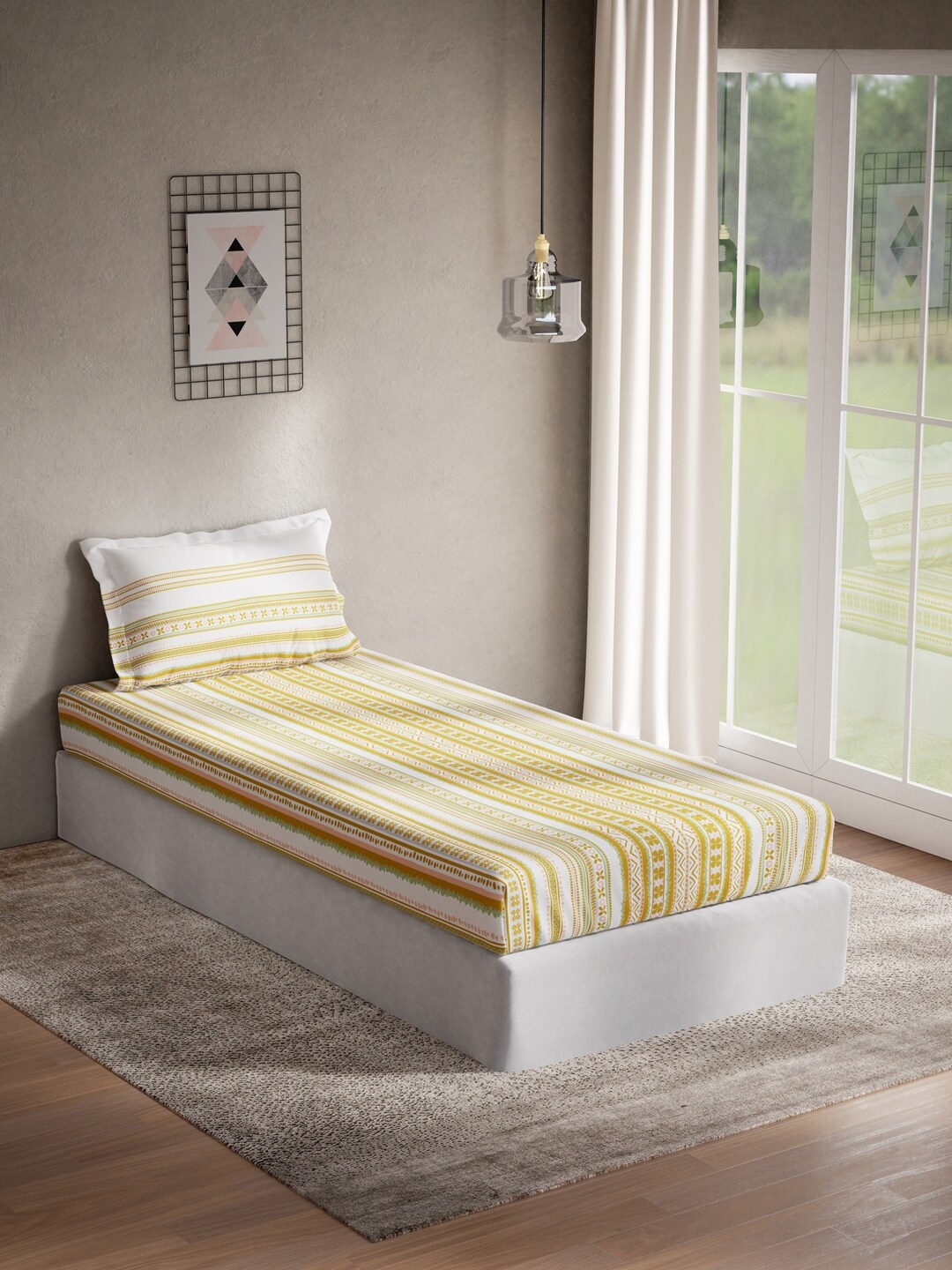 

DDecor Yellow & White Striped 144 TC Cotton Single Bedsheet with 1 Pillow Cover