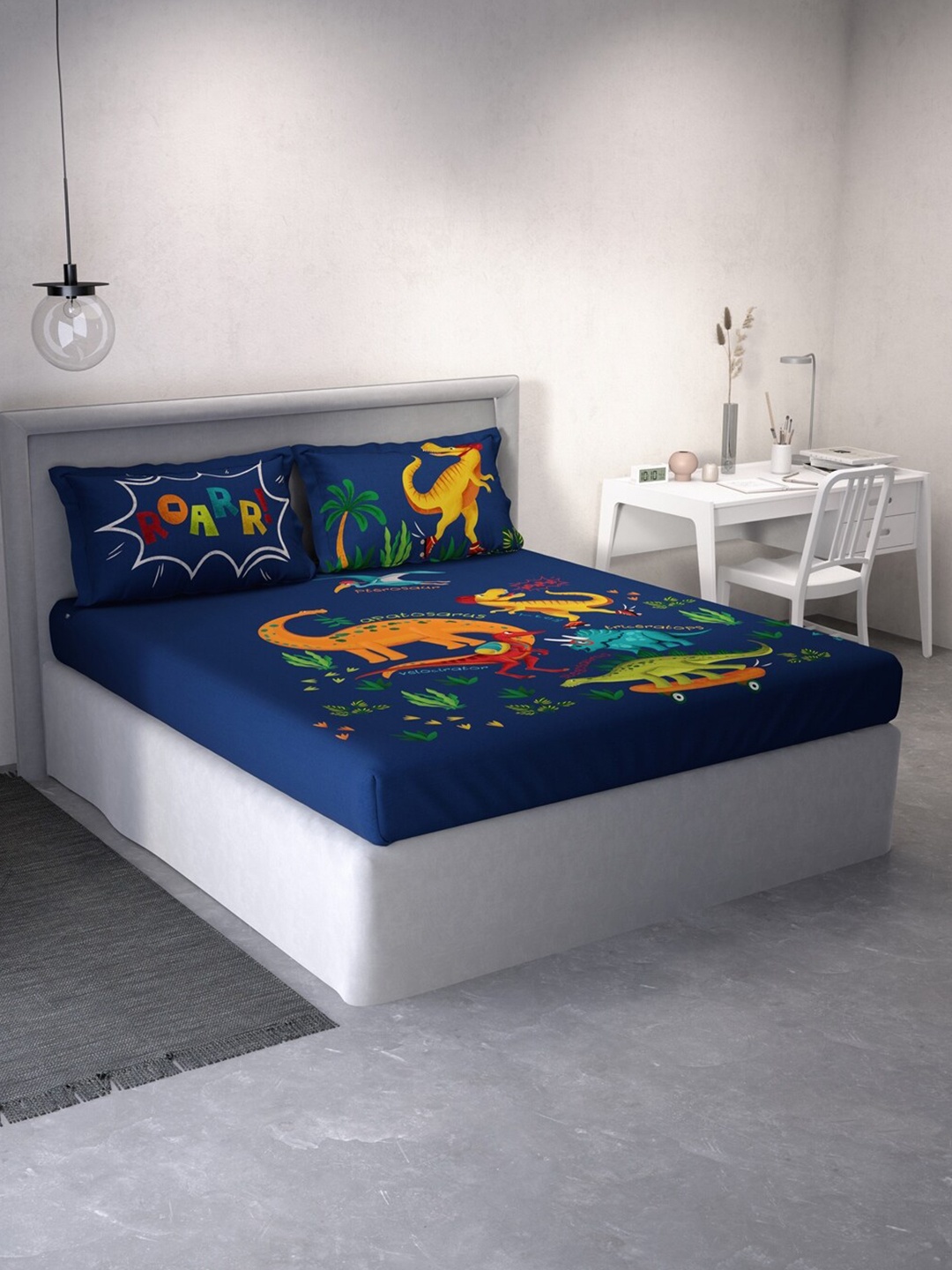 

DDecor Blue & Orange Cartoon Characters 140 TC Cotton Queen Bedsheet With 2 Pillow Covers