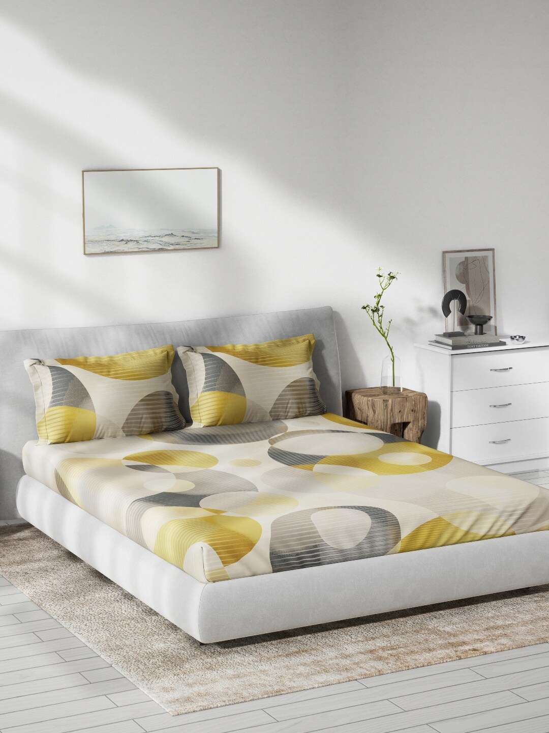 

DDecor Yellow & Grey Geometric 140 TC Cotton Queen Bedsheet with 2 Pillow Covers