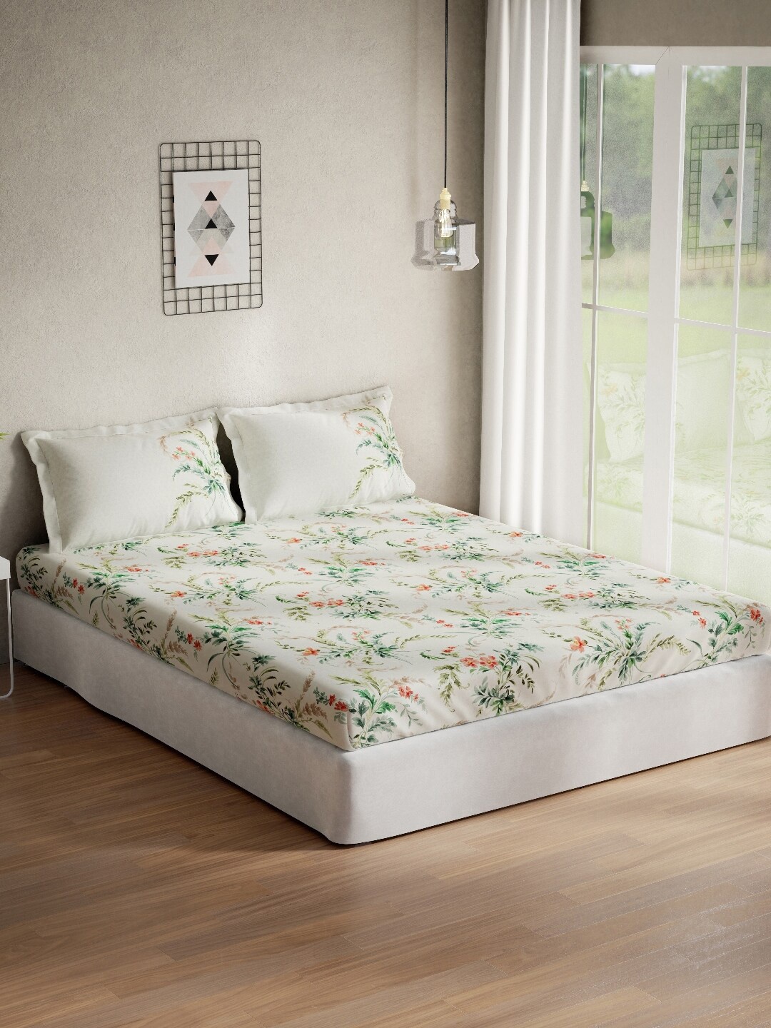 

DDecor White & Green Floral 140 TC Cotton Queen Bedsheet with 2 Pillow Covers