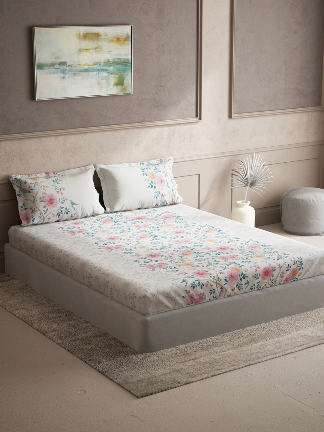 

DDecor Pink & White Floral 140 TC Cotton Queen Bedsheet with 2 Pillow Covers