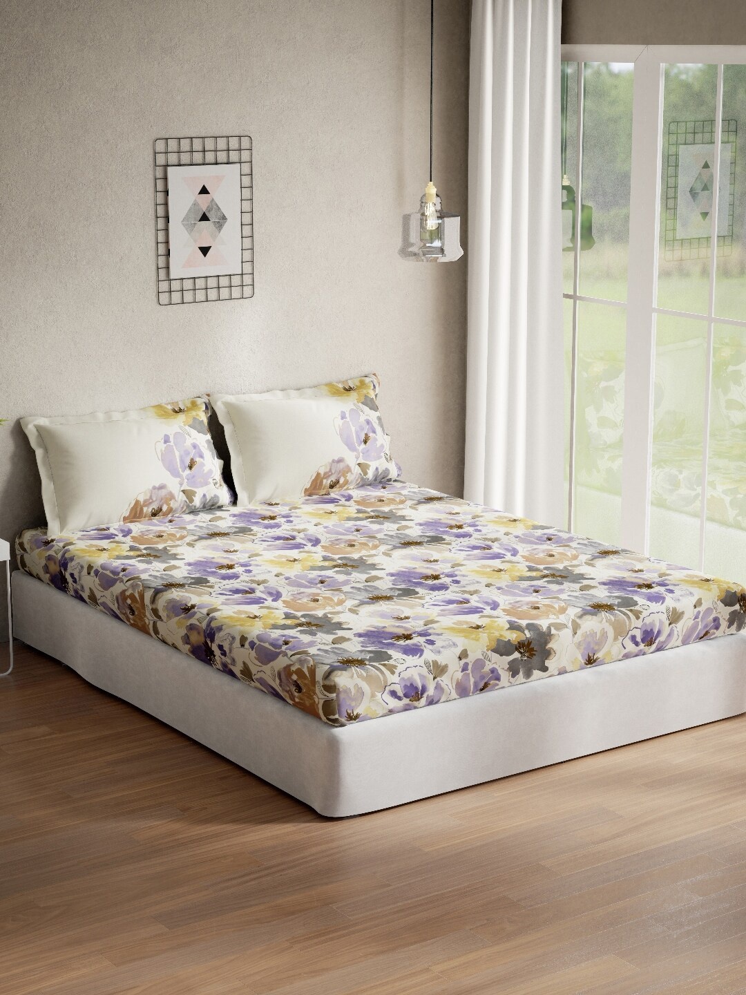 

DDecor White & Purple Floral 140 TC Cotton Queen Bedsheet with 2 Pillow Covers