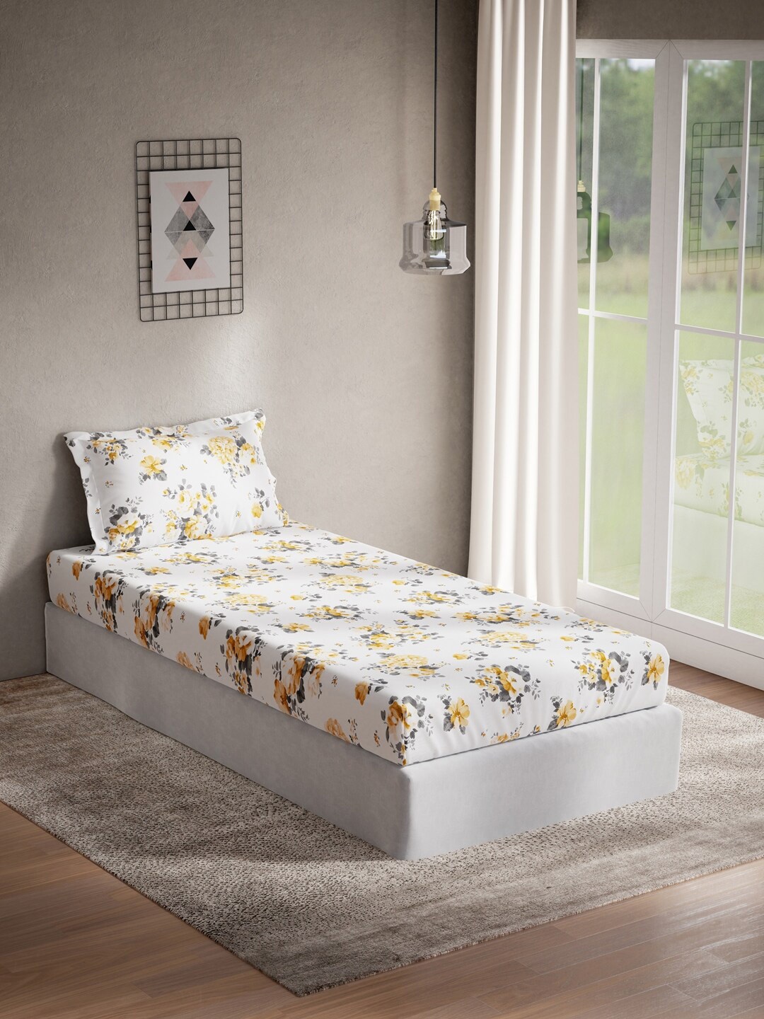 

DDecor White & Yellow Floral 144 TC Cotton Single Bedsheet with 1 Pillow Cover