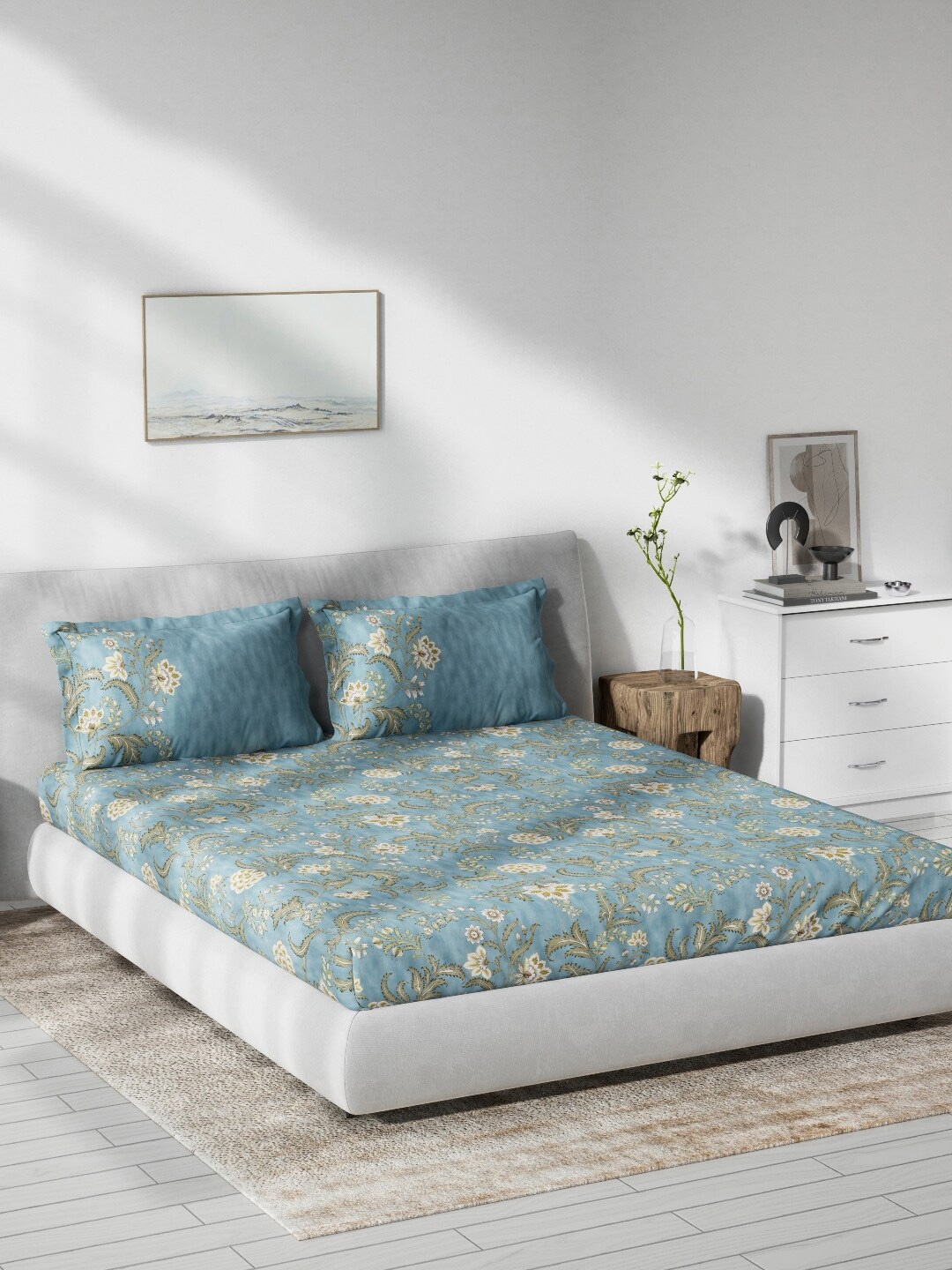 

DDecor Blue & Green Floral 140 TC Cotton Queen Bedsheet with 2 Pillow Covers