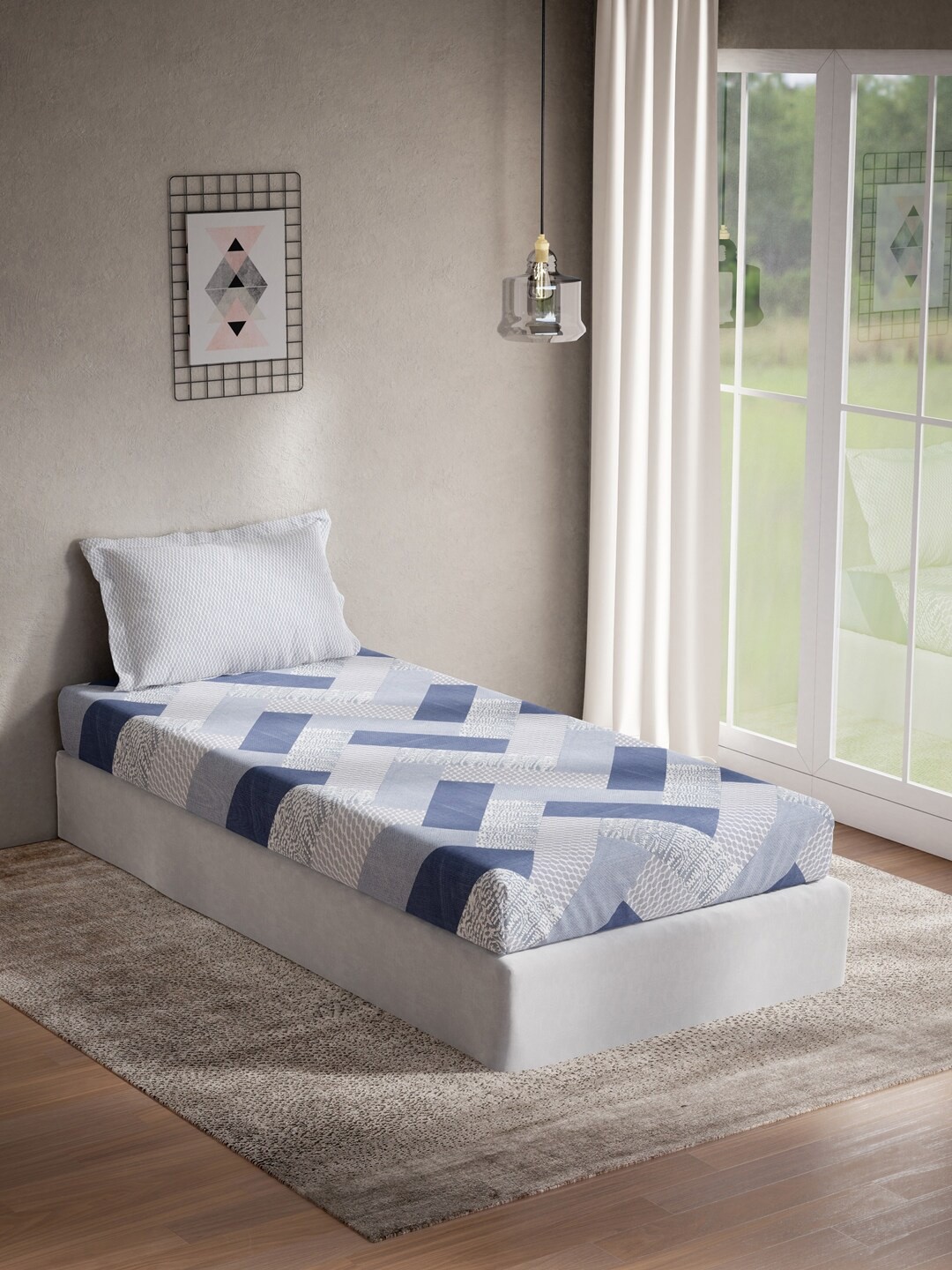 

DDecor Blue & Grey Geometric 144 TC Cotton Single Bedsheet With 1 Pillow Cover