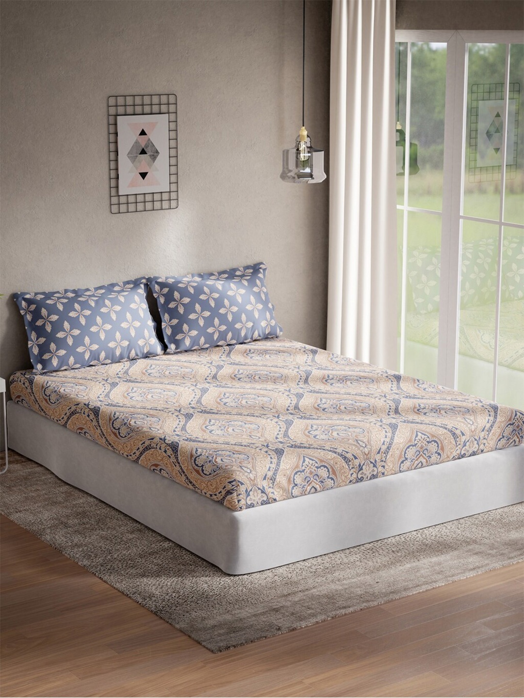 

DDecor Blue & Beige Ethnic Motifs 144 TC Cotton Queen Bedsheet With 2 Pillow Covers