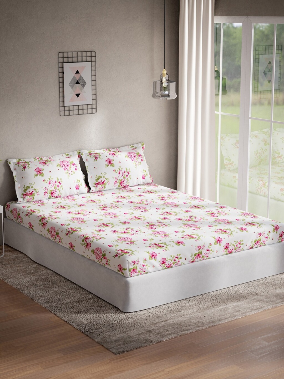 

DDecor White & Pink Floral 144 TC Cotton Queen Bedsheet With 2 Pillow Covers