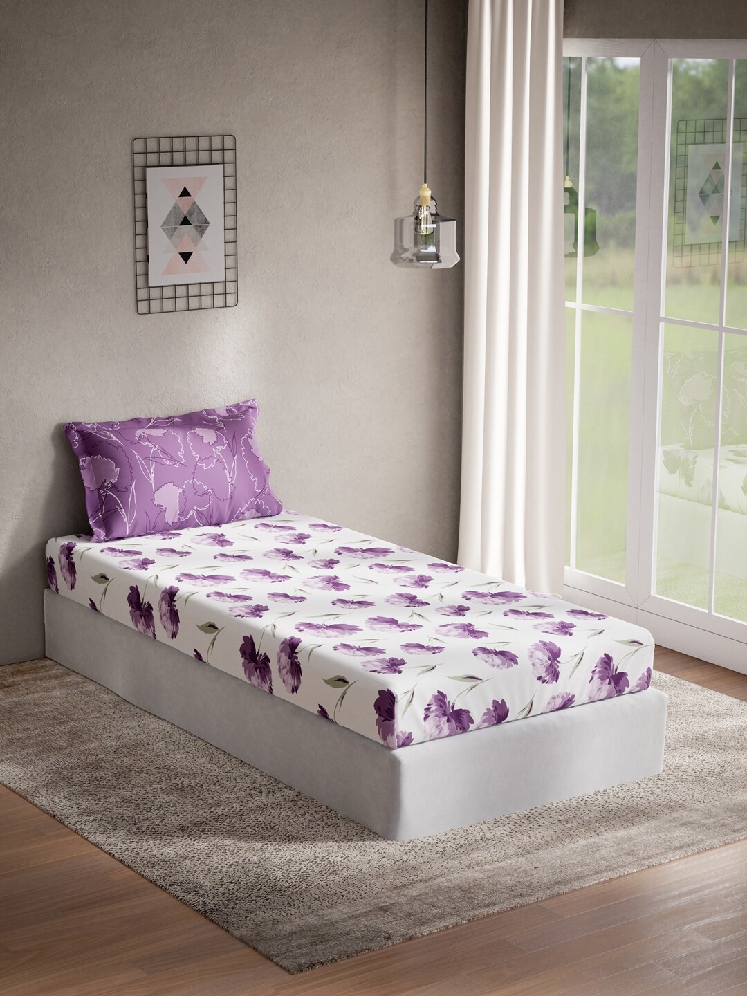 

DDecor White & Purple Floral 144 TC Single Bedsheet with 1 Pillow Cover