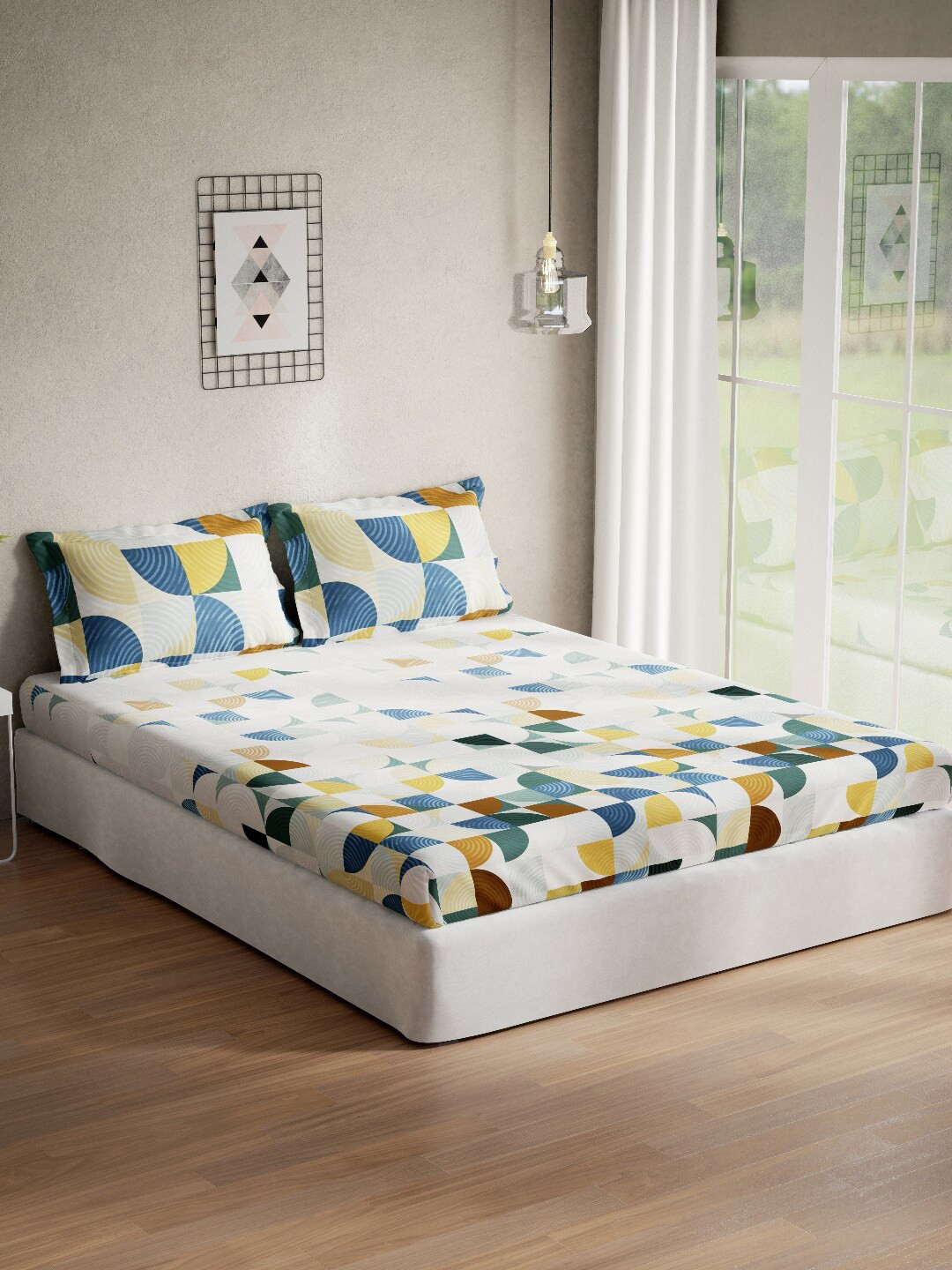 

DDecor White & Blue Geometric 140 TC Cotton Queen Bedsheet with 2 Pillow Covers
