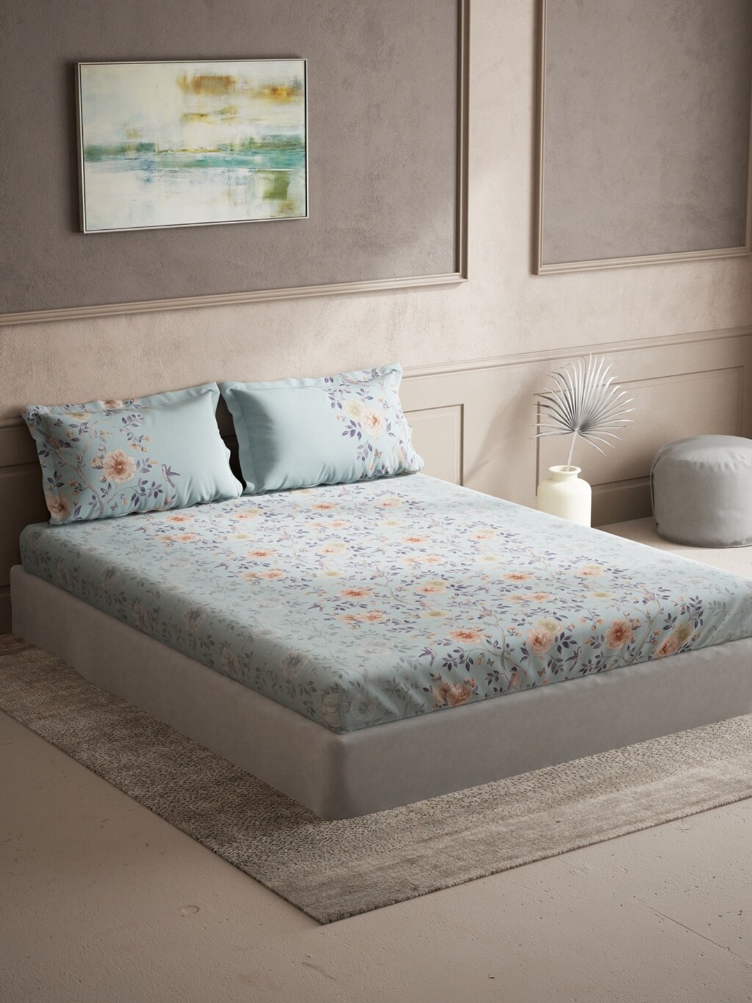 

DDecor Blue & Peach-Coloured Floral 140 TC Cotton Queen Bedsheet with 2 Pillow Covers