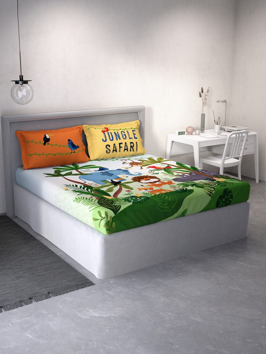 

DDecor Kids Cartoon Characters 140 TC Cotton Queen Bedsheet with 2 Pillow Covers, Green