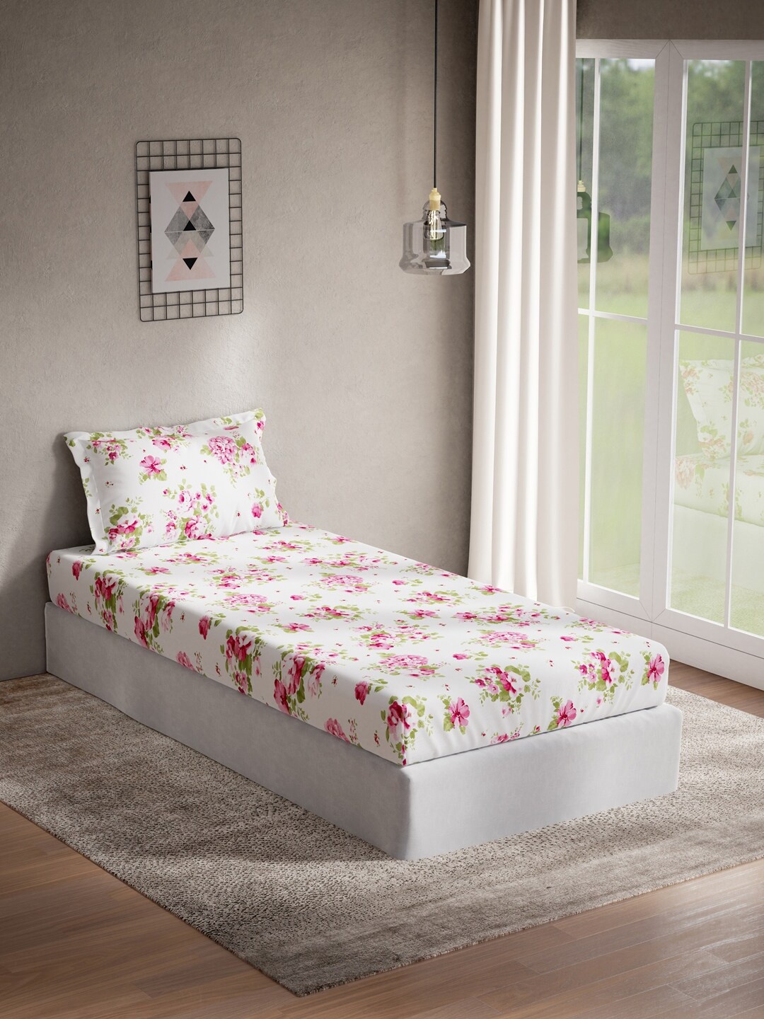 

DDecor White & Pink Floral 144 TC Cotton Single Bedsheet with 1 Pillow Cover