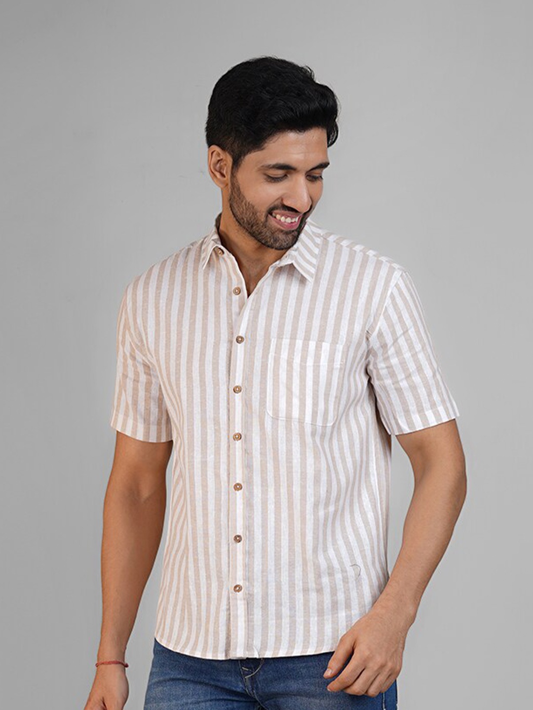 

Biglilpeople Comfort Vertical Striped Casual Cotton Linen Shirt, Beige