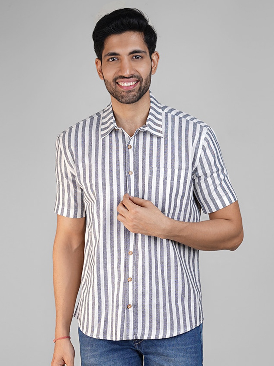 

Biglilpeople Comfort Vertical Striped Casual Cotton Linen Shirt, Grey