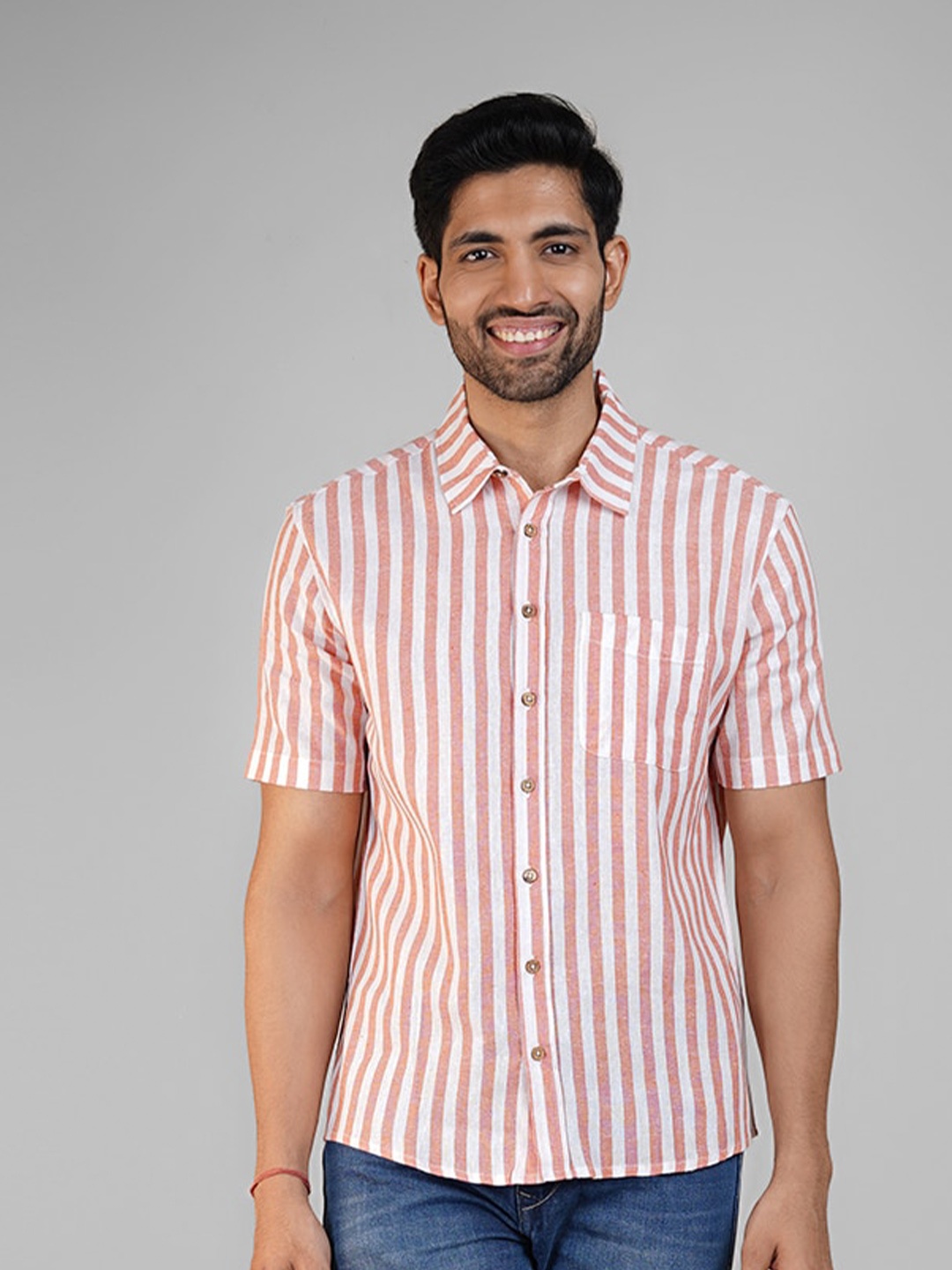 

Biglilpeople Comfort Vertical Striped Casual Cotton Linen Shirt, Orange