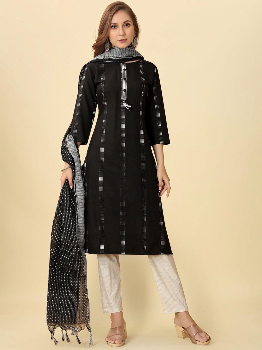 

KALINI Geometric Printed Regular Kurta with Trousers & With Dupatta, Black