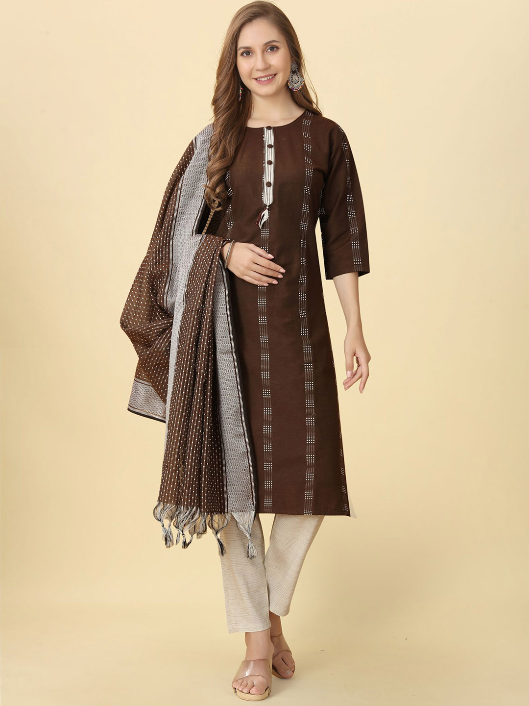 

KALINI Geometric Printed Regular Kurta with Trousers & With Dupatta, Brown