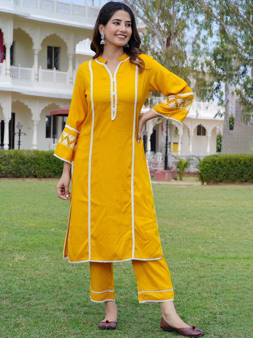 

Hatheli Mandarin Collar Lace Kurta With Trousers & Dupatta, Mustard